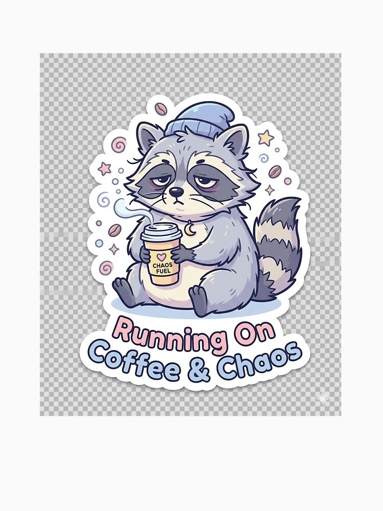 Running On Coffee and Chaos Sleepy Raccoon Sticker by R & K Fashions