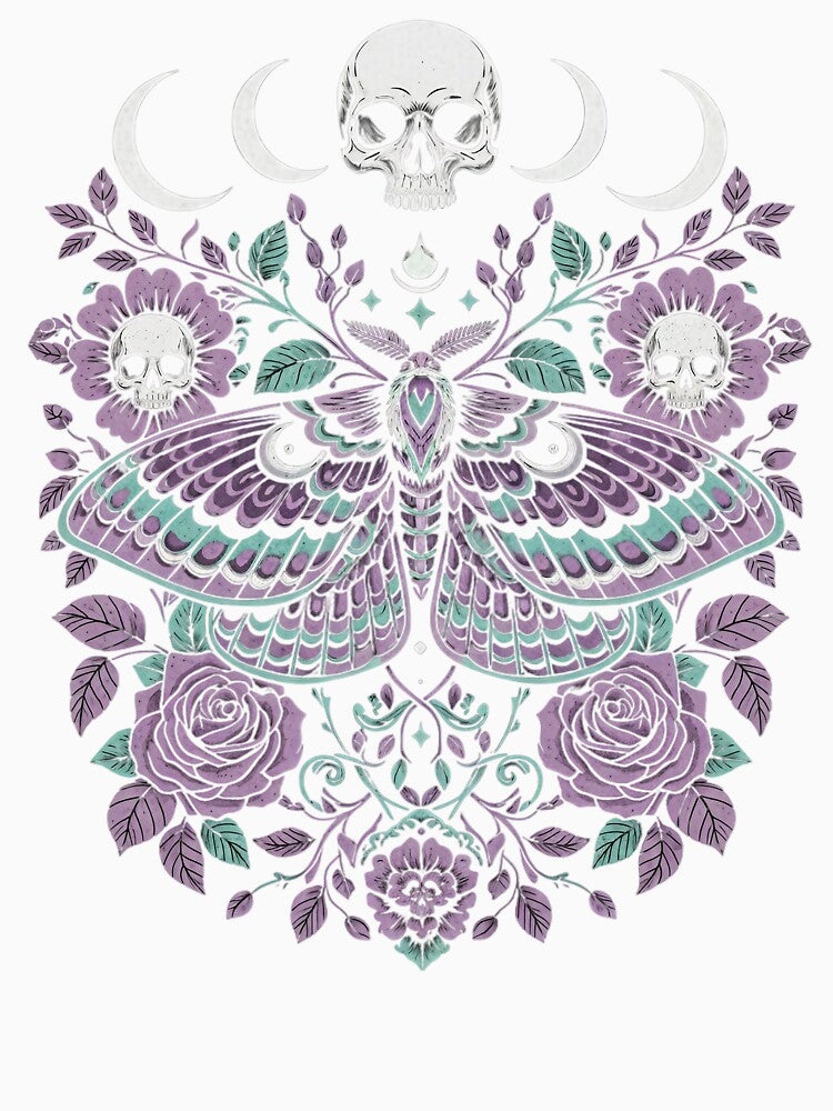 Vintage Celestial Botanical Moth with Pink Blossoms by Nyx Creates