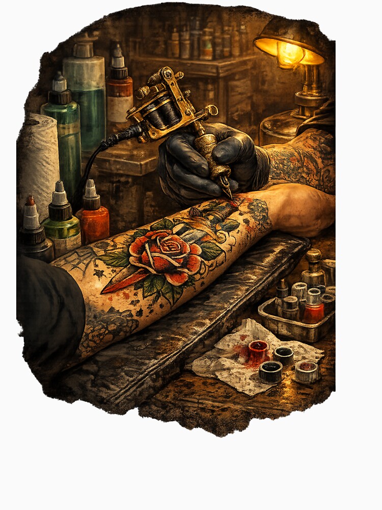 Ink & Blood — Traditional Tattoo Studio Illustration by TheClockOutClub