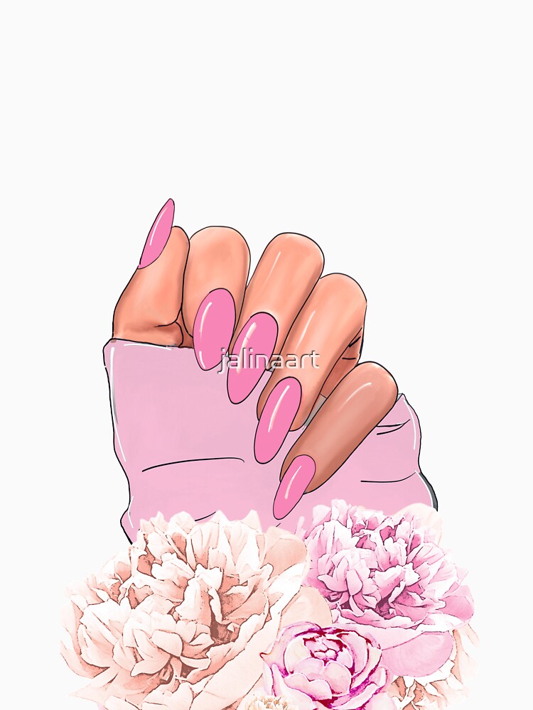 Beautiful feminine hand with pink nails and flowers by jalinaart