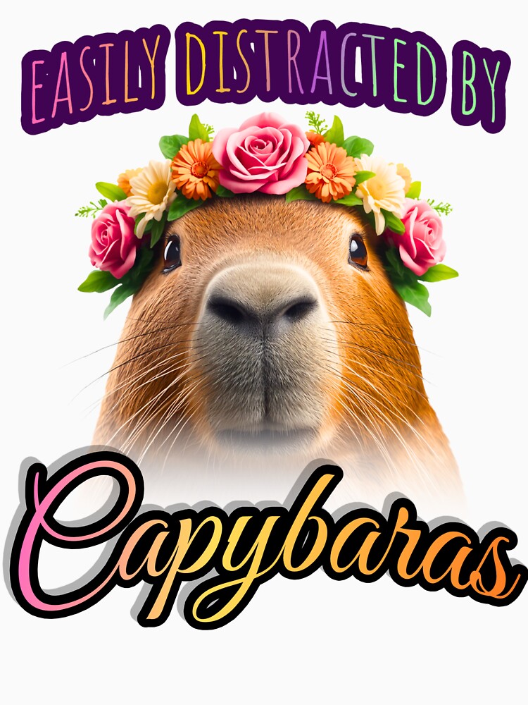 Easily Distracted By Capybaras Funny Capybara Flower Crown T-Shirt by TwistedComicLab