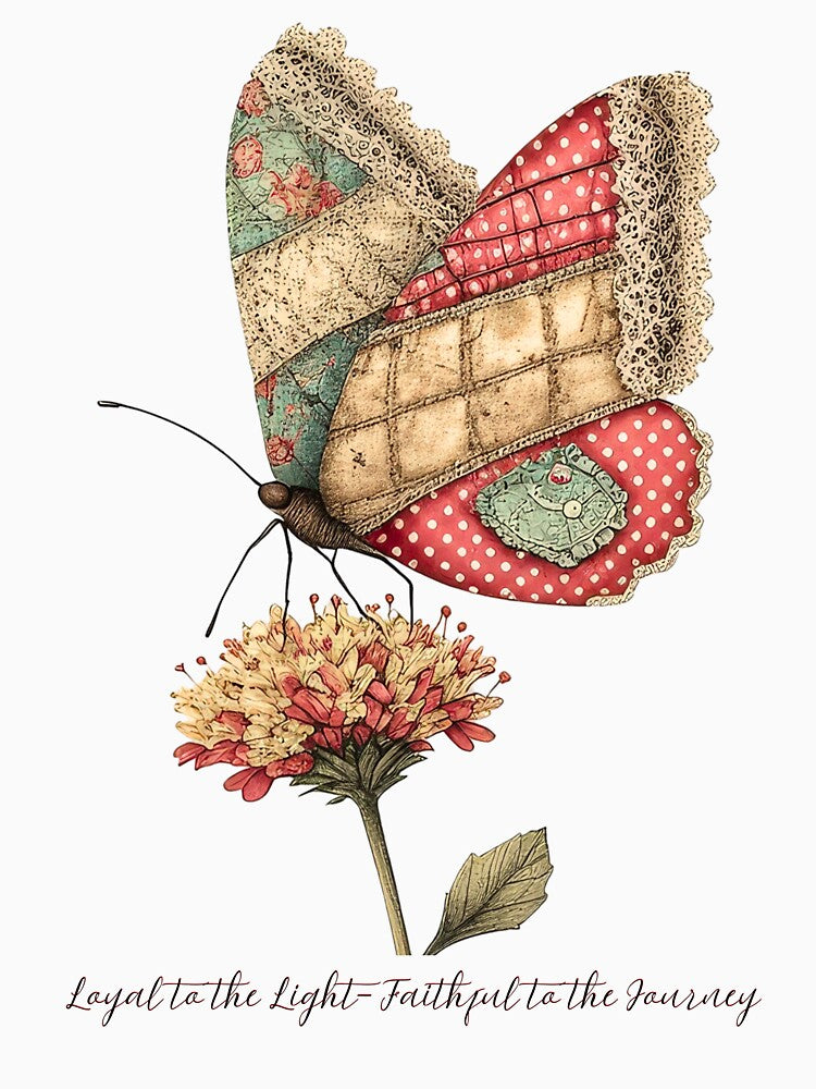 Loyal to the Light- Faithful to the Journey: Vintage Patchwork Moth Design by Perennial Home & Gardens