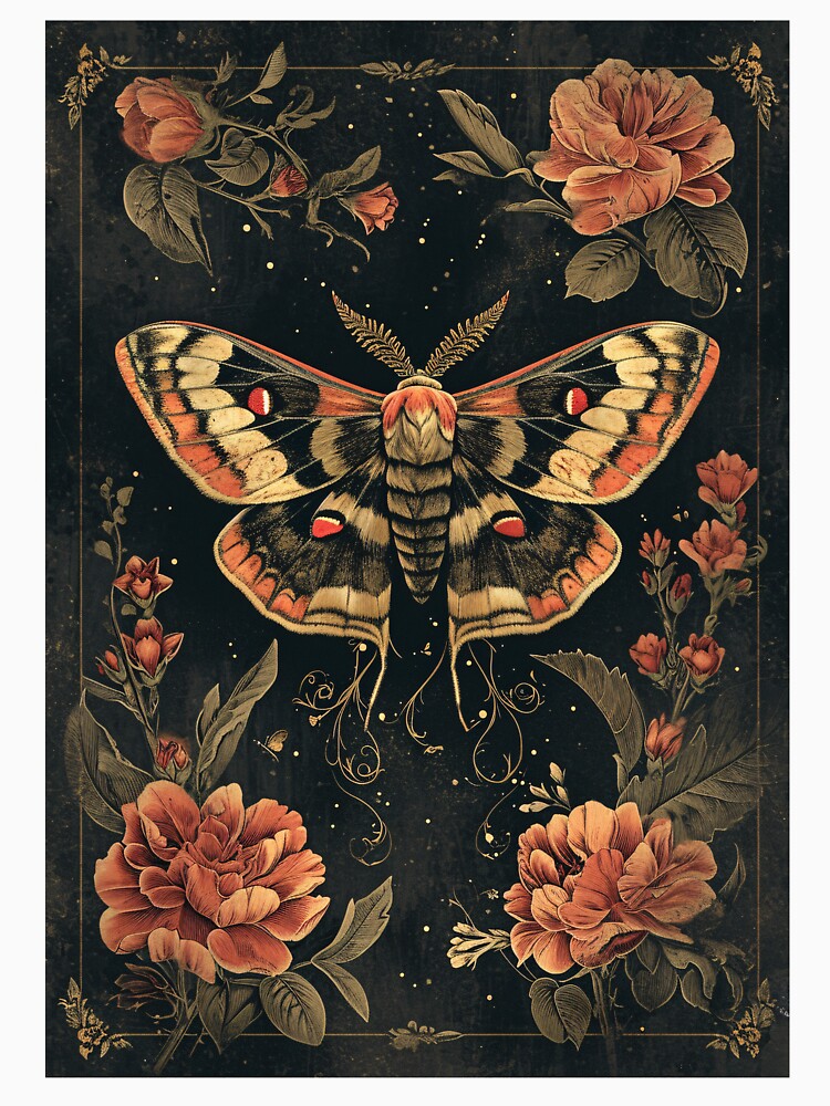 Moth and flowers - dark academia aesthetic - gothic floral feminine vintage old illustration by Fantasy Cache