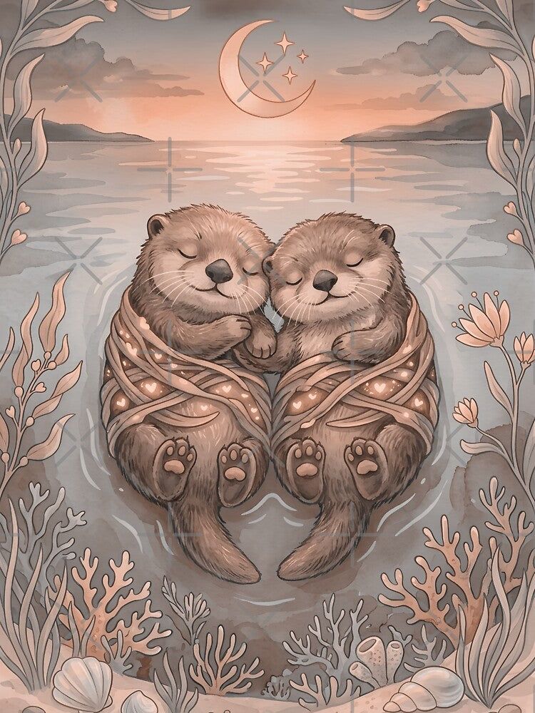 Significant Otters Holding Hands - Cute Watercolor Sea Otter Couple Art by K Design Store