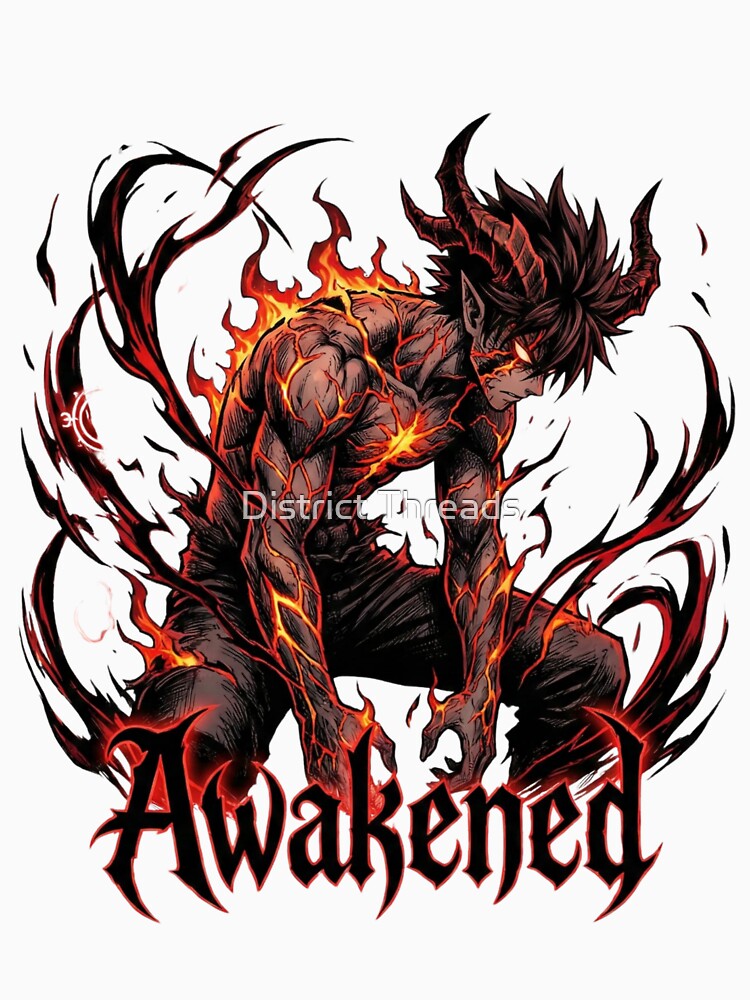 Awakened Fire Demon Warrior – Dark Anime Flame Art Illustration by District Threads