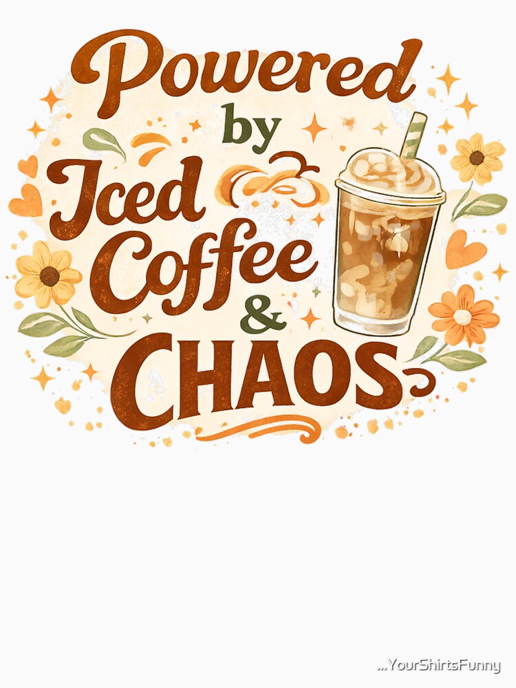 Powered By Iced Coffee And Chaos Shirt, Cute Coffee Lover Tee, Funny Mom Life Aesthetic Shirt by ...YourShirtsFunny