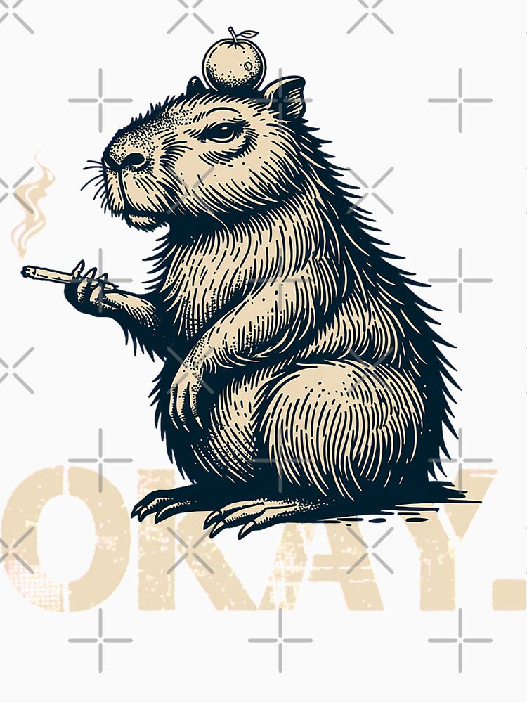 OKAY Chill Capybara Smoking Zen Woodcut by TrendyTeeMode