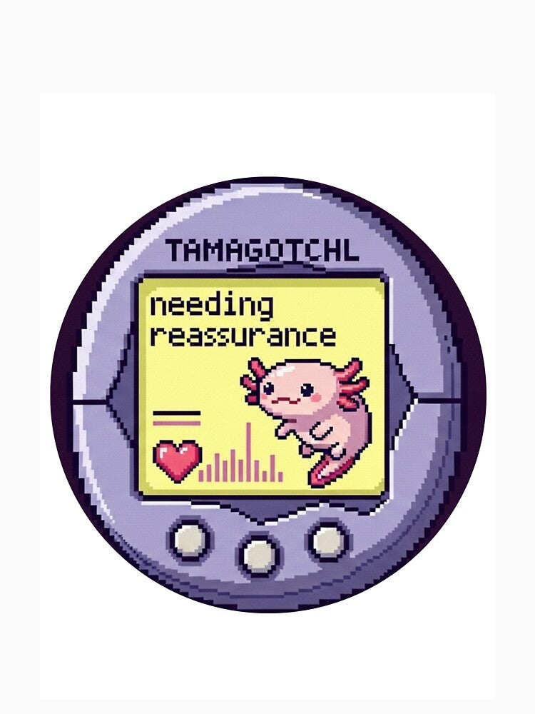 "Tamagotchi Axolotl – Needing Reassurance" Aesthetic Pixel Pet Design by Riqis.co Shop