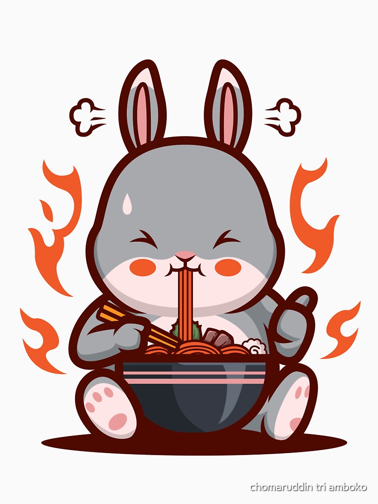 Cartoon rabbit eating spicy ramen noodles by chomaruddin tri amboko