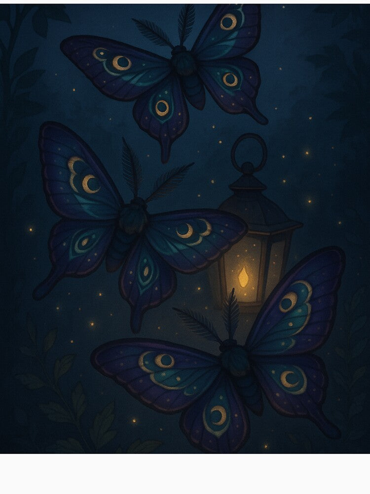 Moonlit Moths – Celestial Night Lantern Illustration by Painted Moon by Luna Bee™