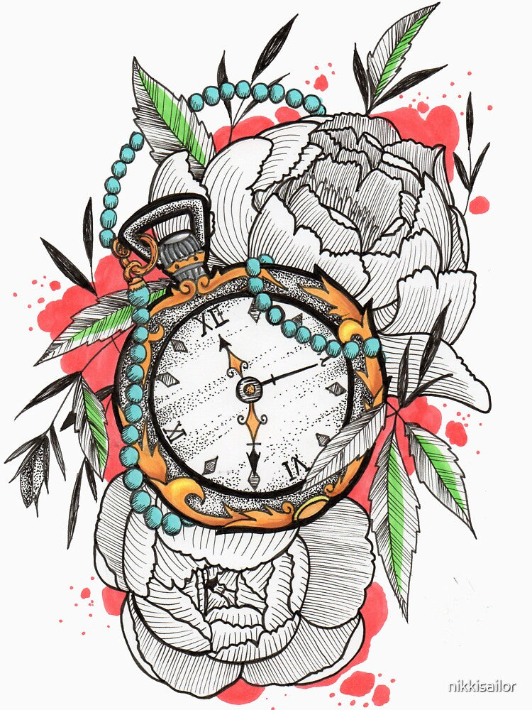 Tattoo Pocket Watch with Peonies by nikkisailor