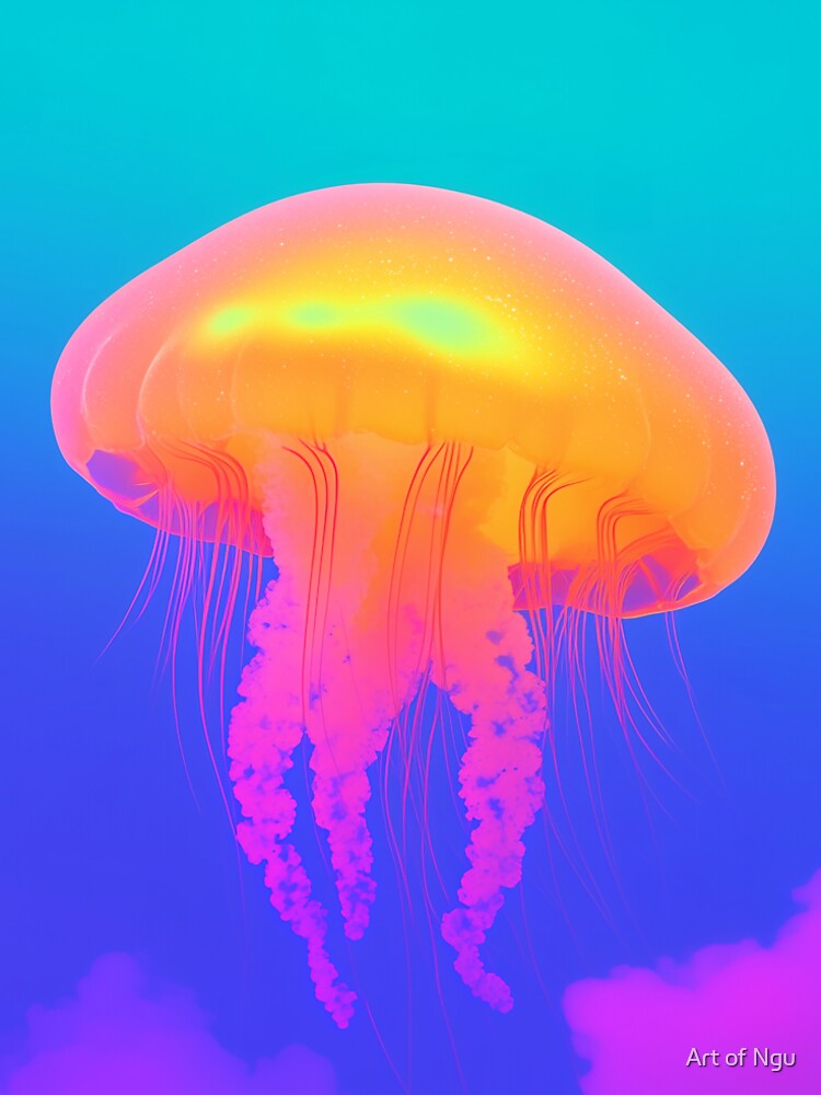 Neon Jellyfish in Dream Sky – Glowing Fantasy Ocean Creature Art by Art of Ngu