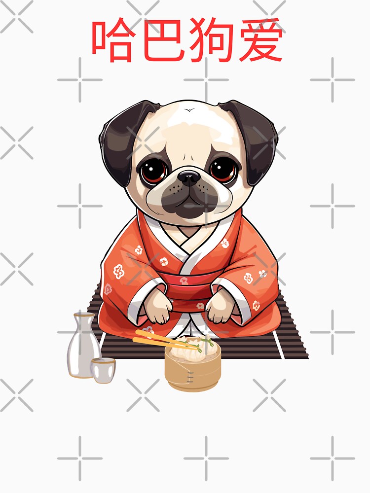 Pug wearing a hanfu eating dumplings pug love kawaii art by LynZorArts
