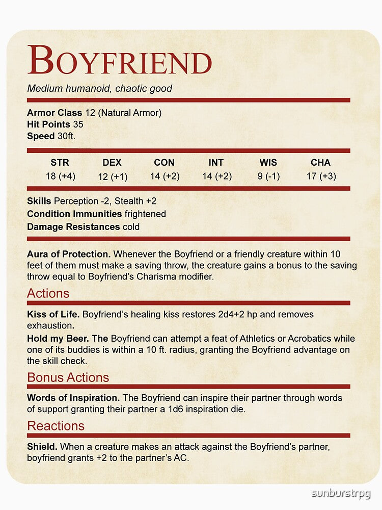 D&D Boyfriend Stat Block for Valentine or Anniversary Gift by sunburstrpg