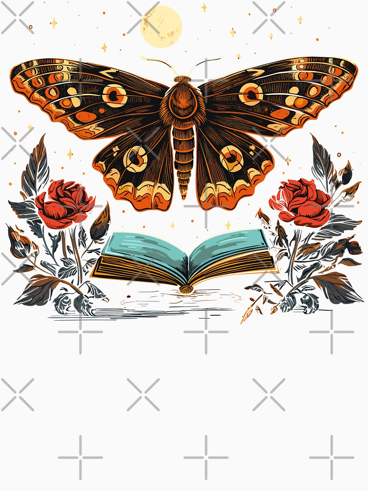 Moth With Magic Book And Flowers Starry Night by CosyTeal