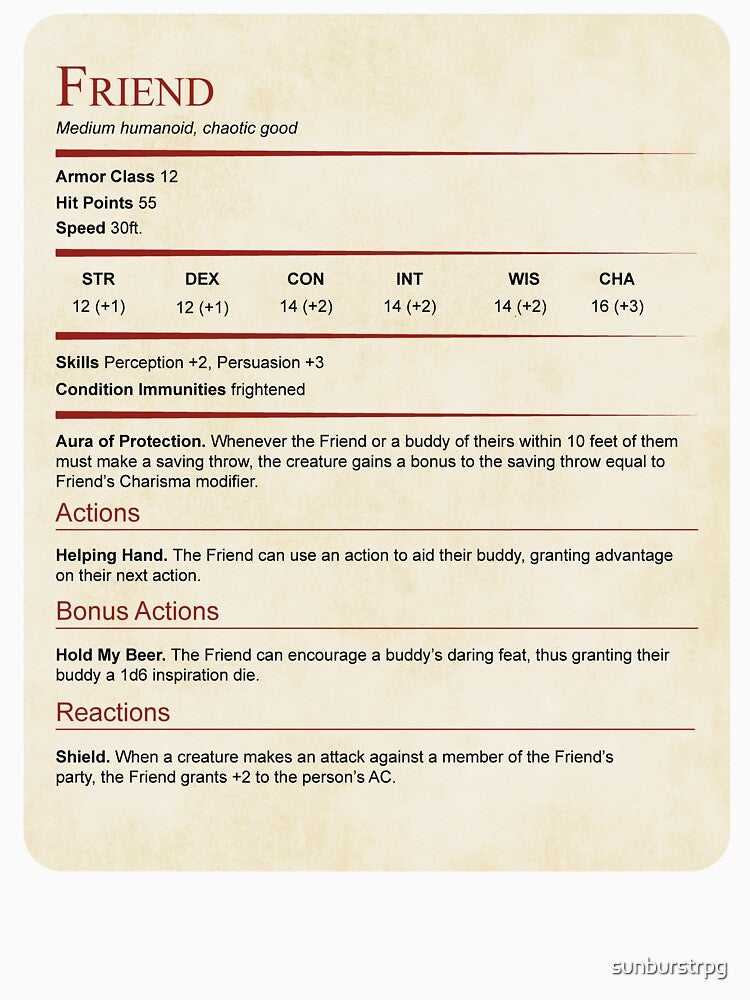 D&D Friend Stat Block for Gift by sunburstrpg