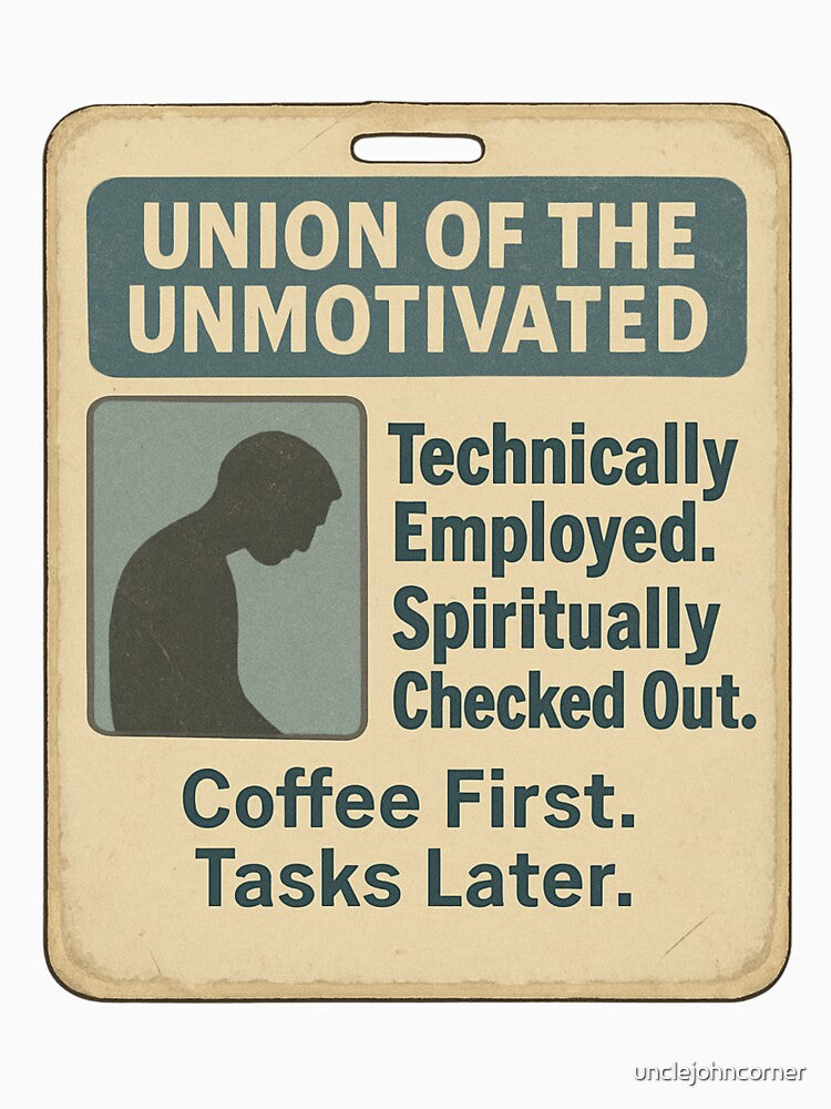 Technically Employed. Spiritually Checked Out – Union of the Unmotivated ID Badge by unclejohncorner