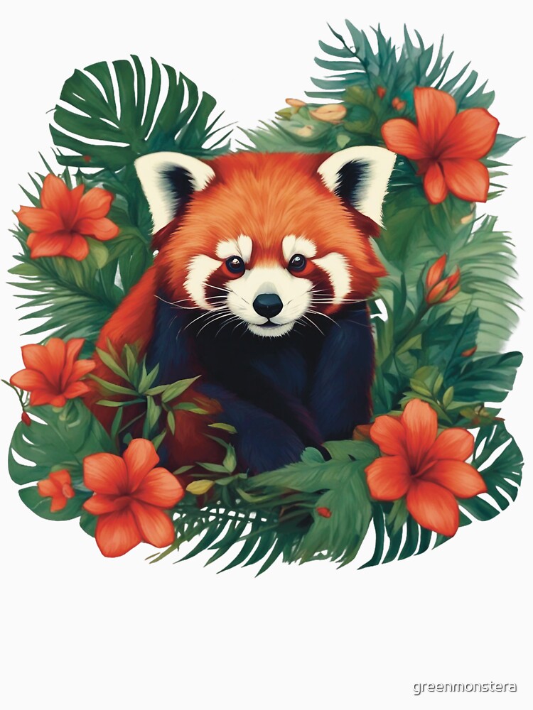 Red Panda With Red Tropical Flowers by greenmonstera