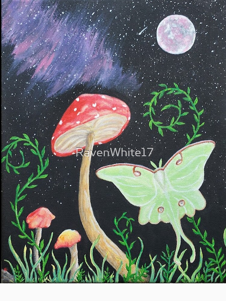 Mushrooms with a Luna moth & night sky by RavenWhite17