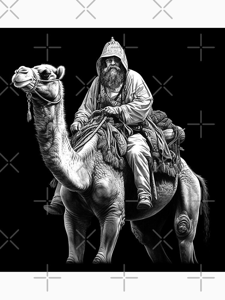 Black and White Camel Rider – Desert Nomad Travel Art by inkoutninja