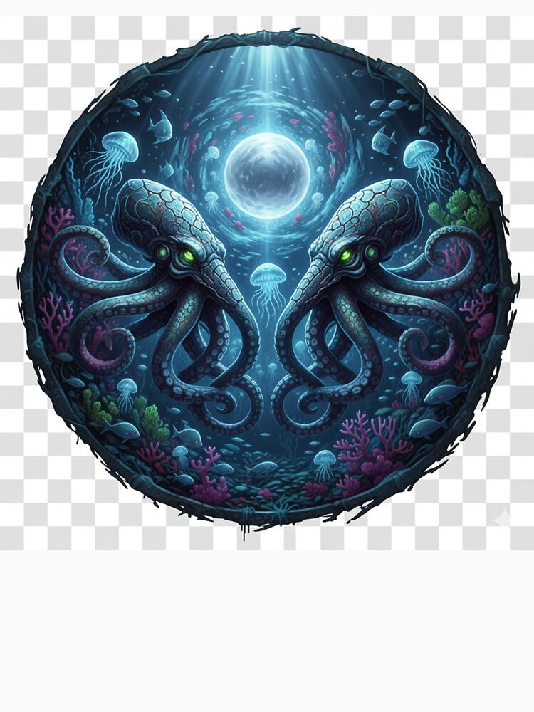 Twin Kraken Sea Monsters Moonlit Ocean Symmetry by NeoTeeFusion