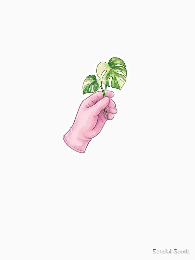 Aesthetic Hand Holding Monstera Leaf Neon Botanical Art by SanclairGoods