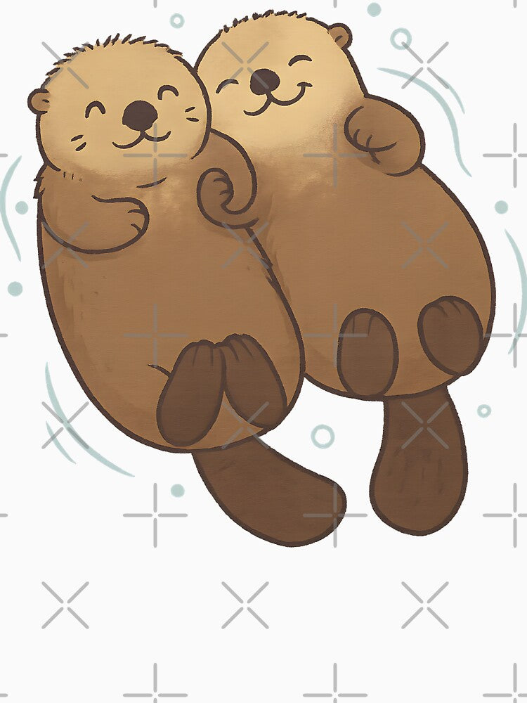 Adorable Cute Otter Couple Holding Hands Cartoon Illustration Gift for Animal Lovers by DrawHandArt