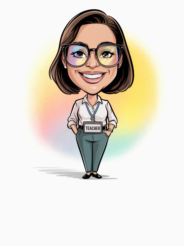 Cute Cartoon Teacher Woman with Glasses and Colorful Background by PosiMCreations