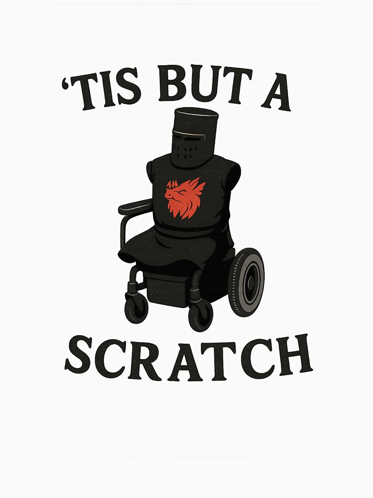 Funny Black Knight Wheelchair T-Shirt – “’Tis But A Scratch” Retro Graphic Tee for Men Women Teens by Threaded Canvas