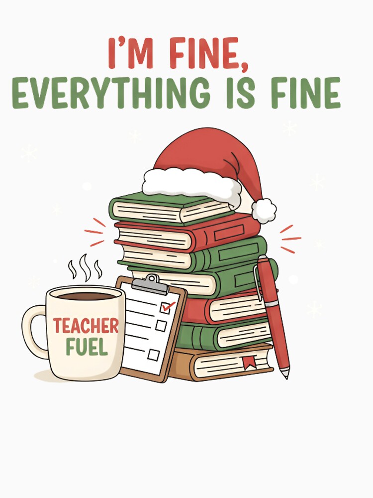 I’m Fine Everything Is Fine Teacher Christmas T-Shirt & Sticker – Funny Holiday Teacher Stress Humor Design by ZyxDes