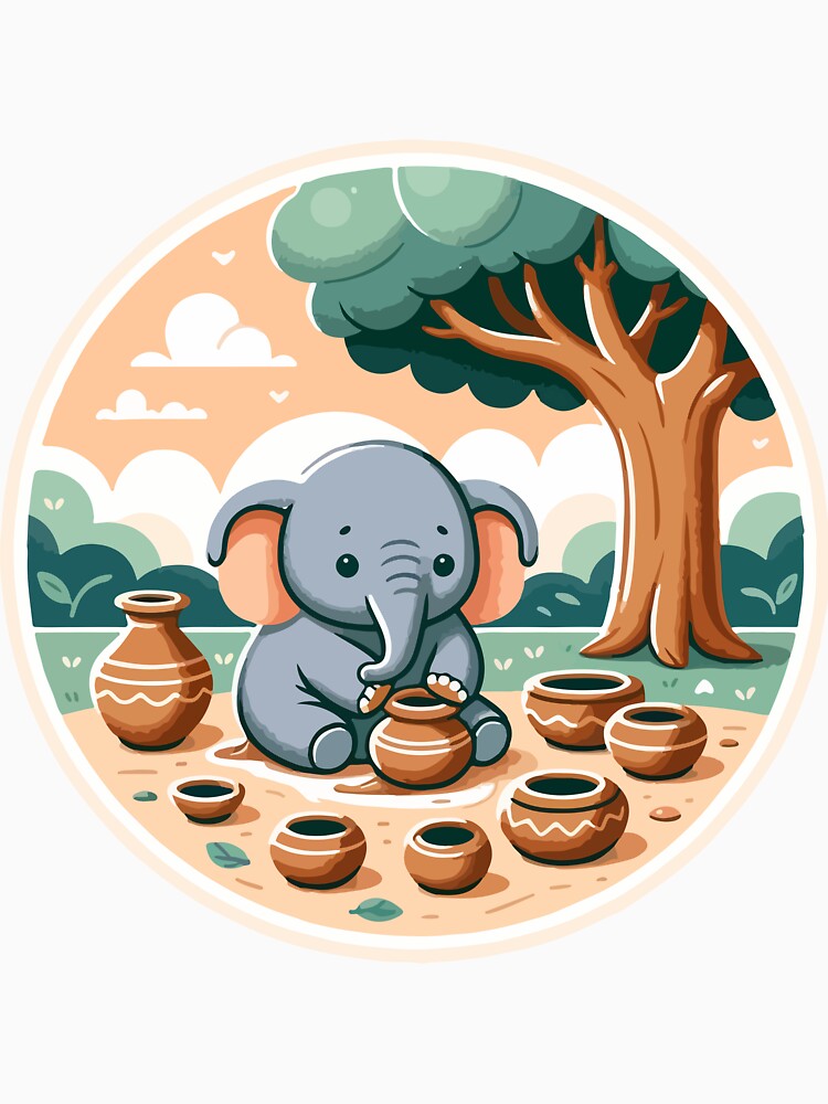 Cute Elephant Craftsperson with Handmade Clay Pots by OniumEth