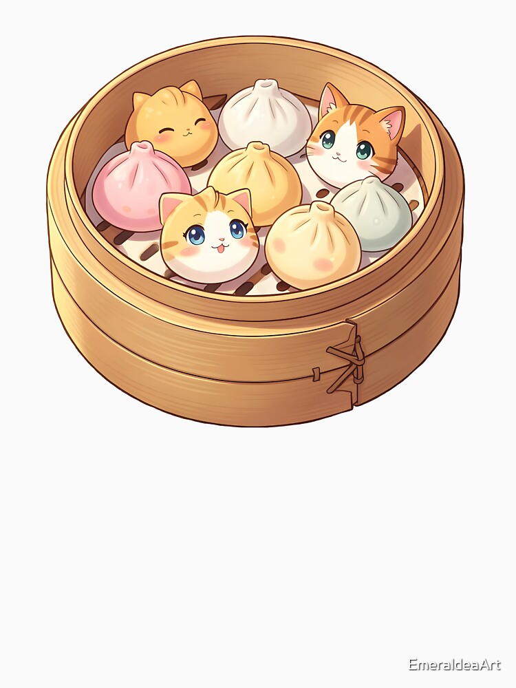 Kawaii Cat Dumplings in Bamboo Steamer – Cute Anime Food Illustration by EmeraldeaArt