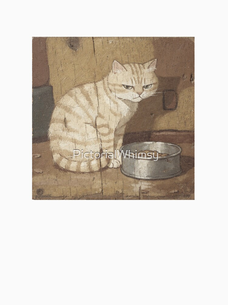 Round Cream Tabby Loaf Judging the Empty Food Bowl Folk Art by PictorialWhimsy