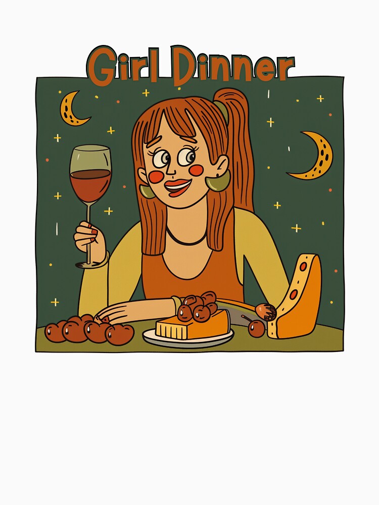 Girl Dinner - Fun Retro Cartoon Art of Wine, Cheese & Grapes | Aesthetic Food Illustration by NADARTDOM