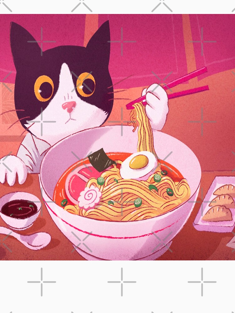 Adorable cat eating ramen Japanese, cute, hungry,illustration, art,lofi,dumplings, sushi by RashidaHanaart