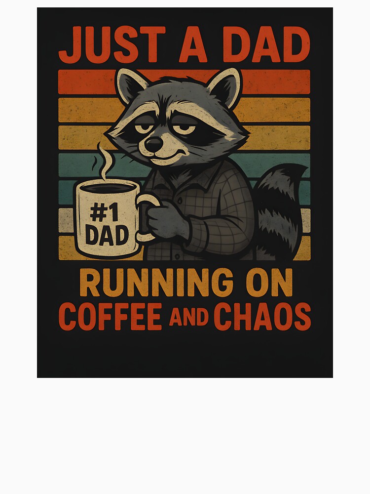 Just a Dad — Running on Coffee and Chaos | Funny Raccoon Retro Dad Shirt by HooptownRV