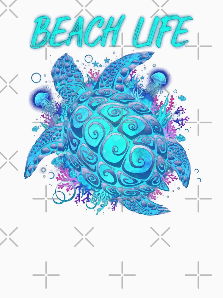 Neon Beach Life Sea Turtle with Bioluminescent Coral and Jellyfish by zoughlal