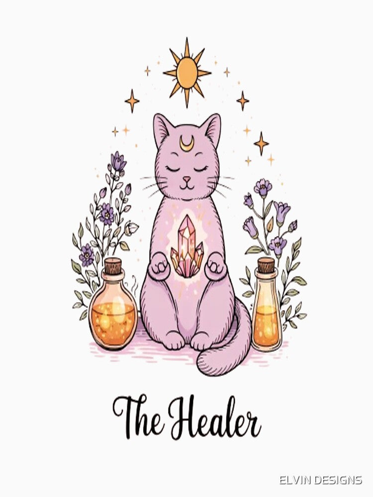 The Healer Cat – Spiritual Crystal Cat Illustration with Moon & Stars by ELVIN DESIGNS