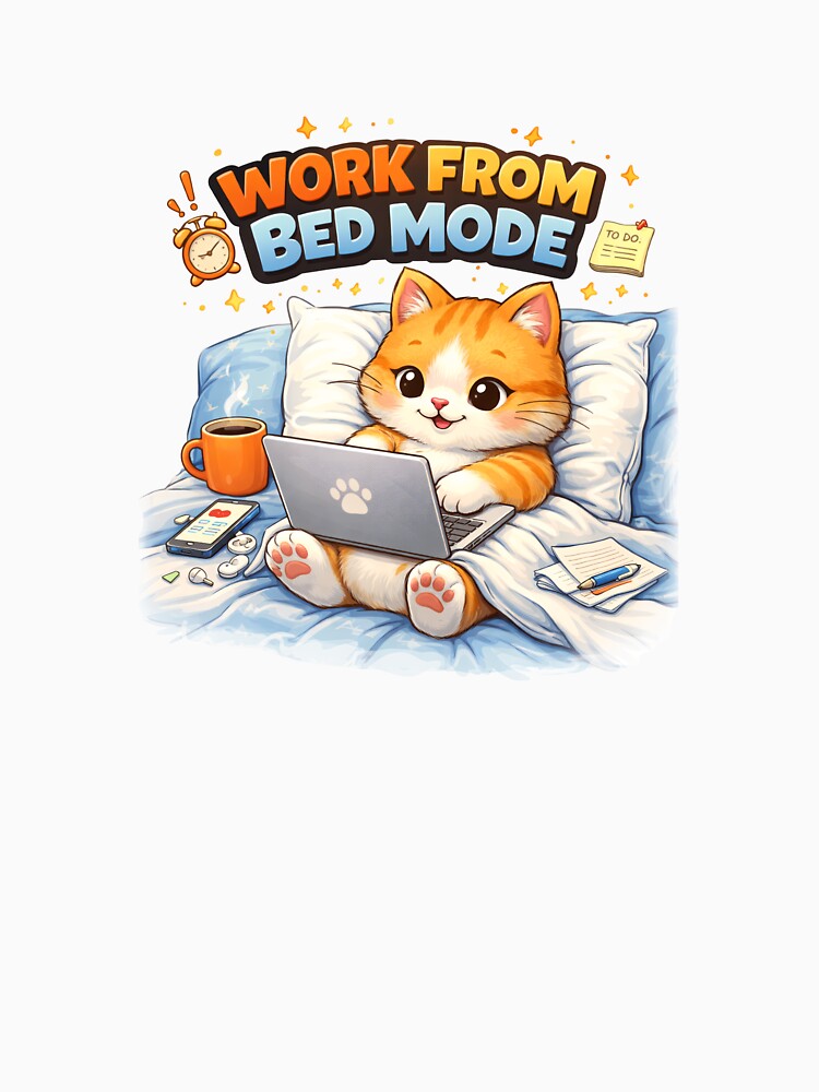Work From Bed Mode Cute Cat – Funny WFH Meme Lazy Remote Work Design T-Shirt by DarojadNR