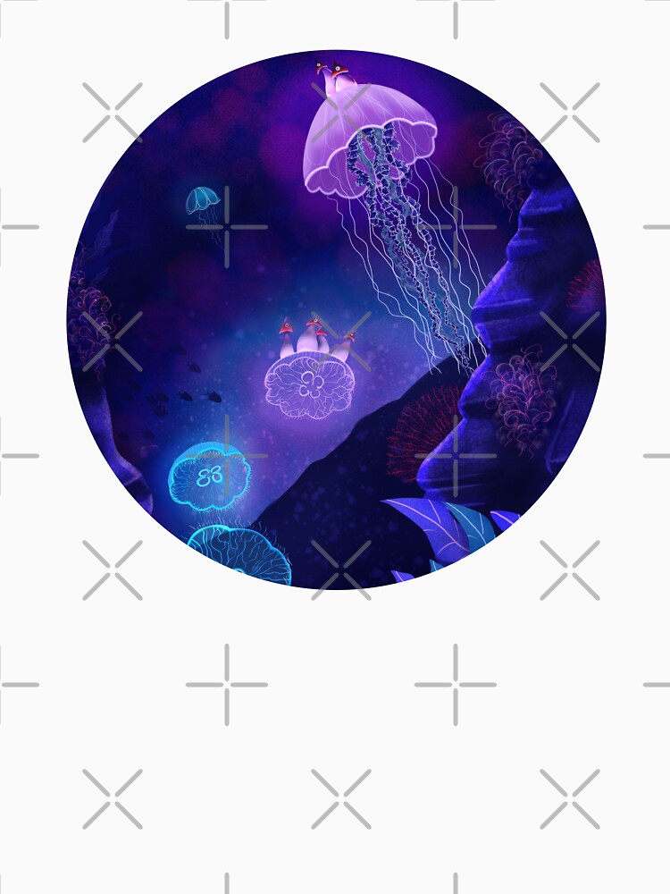 Glowing jellyfish, underwater landscape, surreal digital art by Sofia Dimitriadou