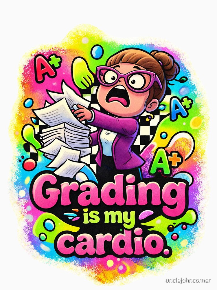 Grading Is My Cardio – Funny Teacher Cartoon Art by unclejohncorner