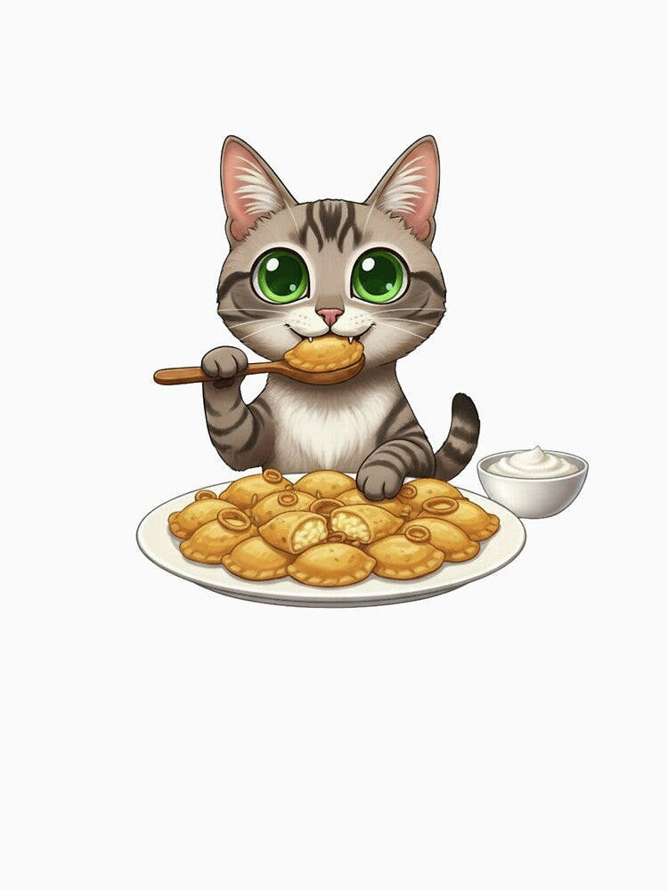 Kawaii Foodie Cat Eating Pierogi (dumplings) - Gray Tabby - Poland by digitalbitcraft