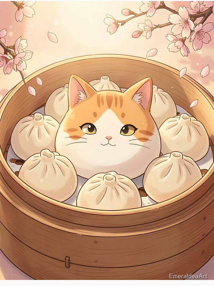 Big Cat Dumpling in Bamboo Steamer – Kawaii Sakura Bun Illustration by EmeraldeaArt