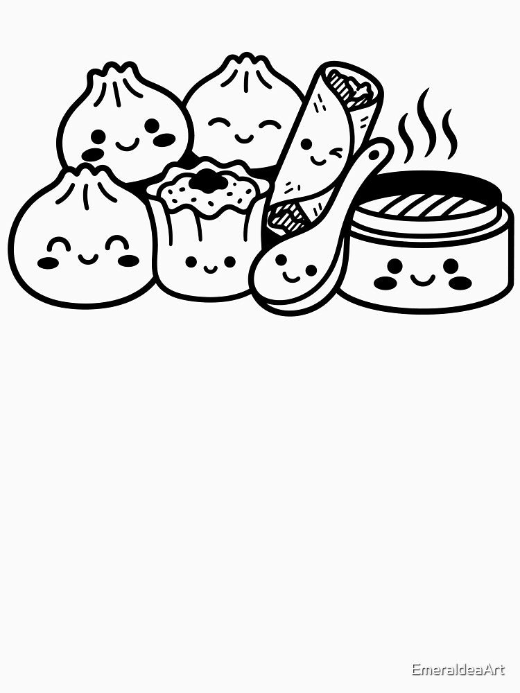 Kawaii Dim Sum Characters – Cute Food Illustration with Spoon Bamboo Steamer by EmeraldeaArt