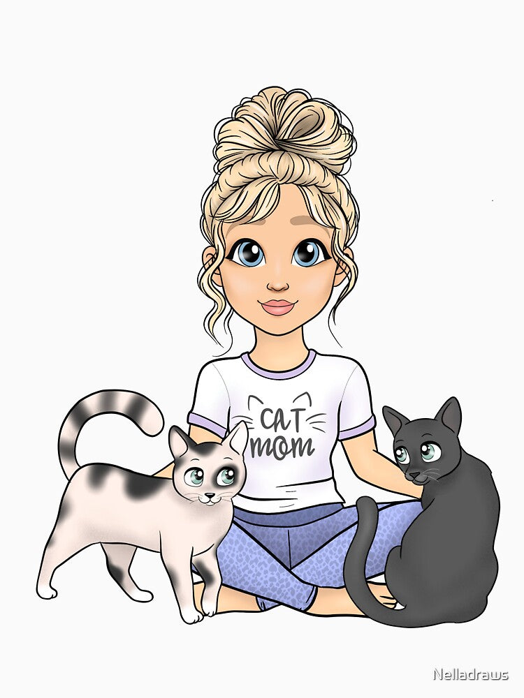 Cute blonde Cat Mom, 2 cats, customisable cat girl, cat parent, kitten Mom, chibi kitten Mom, crazy cat lady, cat obsessed by Nelladraws