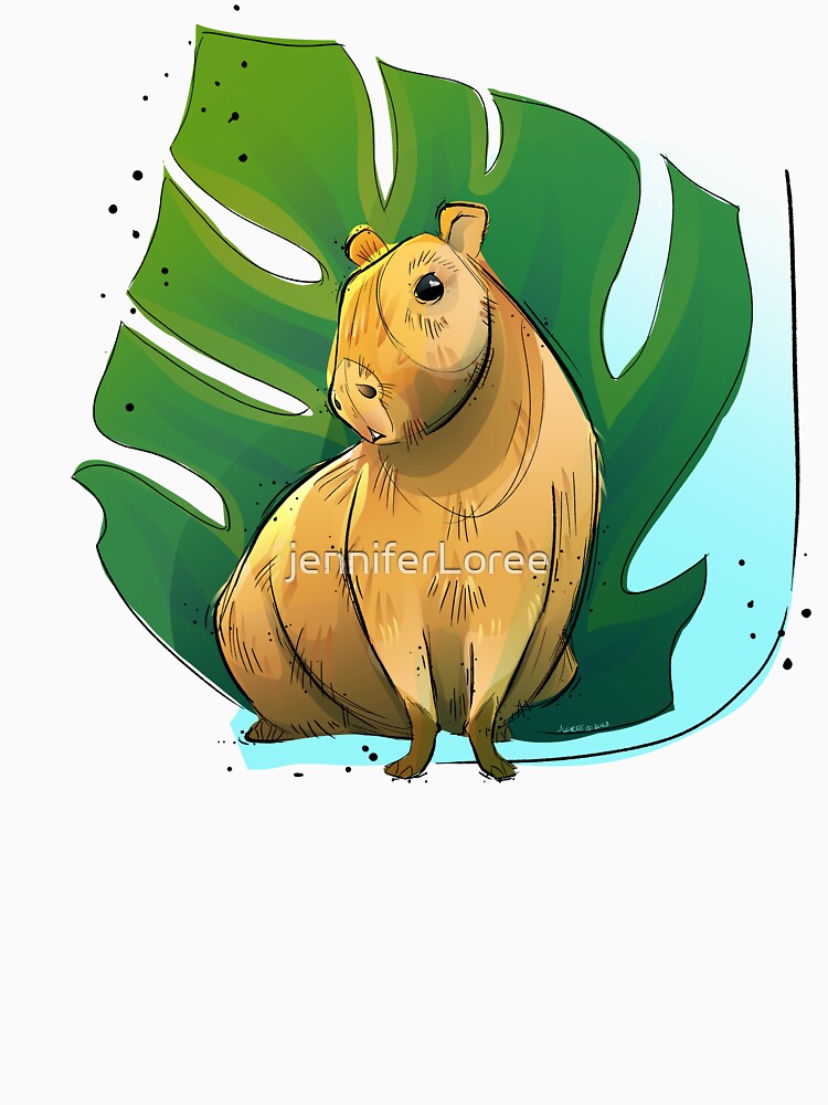 Capybara and Monstera Leaf by jenniferLoree