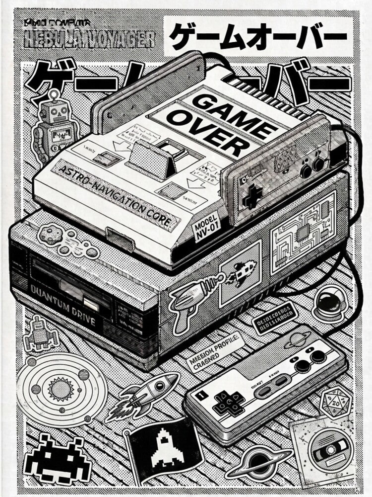 Nebula Voyager – Retro Gaming Console Space Arcade Art T-Shirt by zumerdiego
