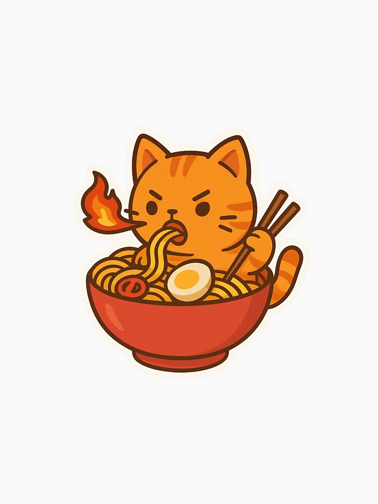 Spicy Meow – Fiery Chibi Cat with Spicy Ramen Sticker by ColorSplash123
