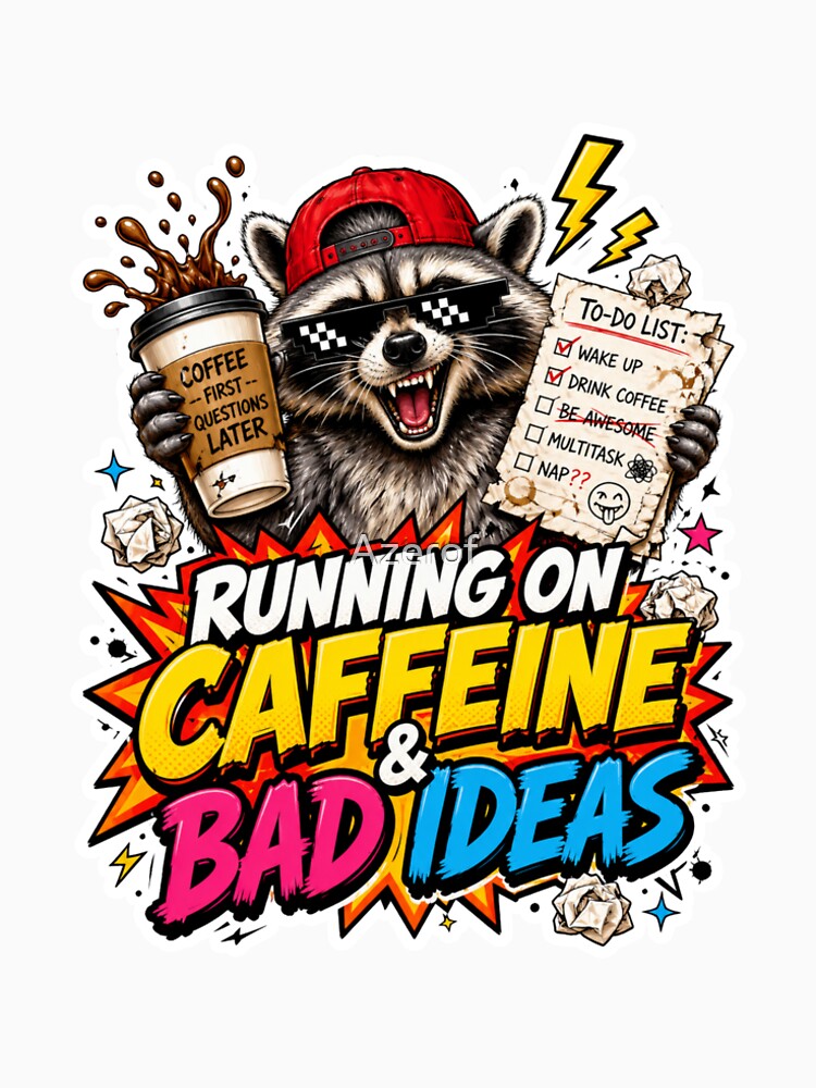 Running on Caffeine and Bad Ideas - Raccoon To-Do List Sticker by Azerof