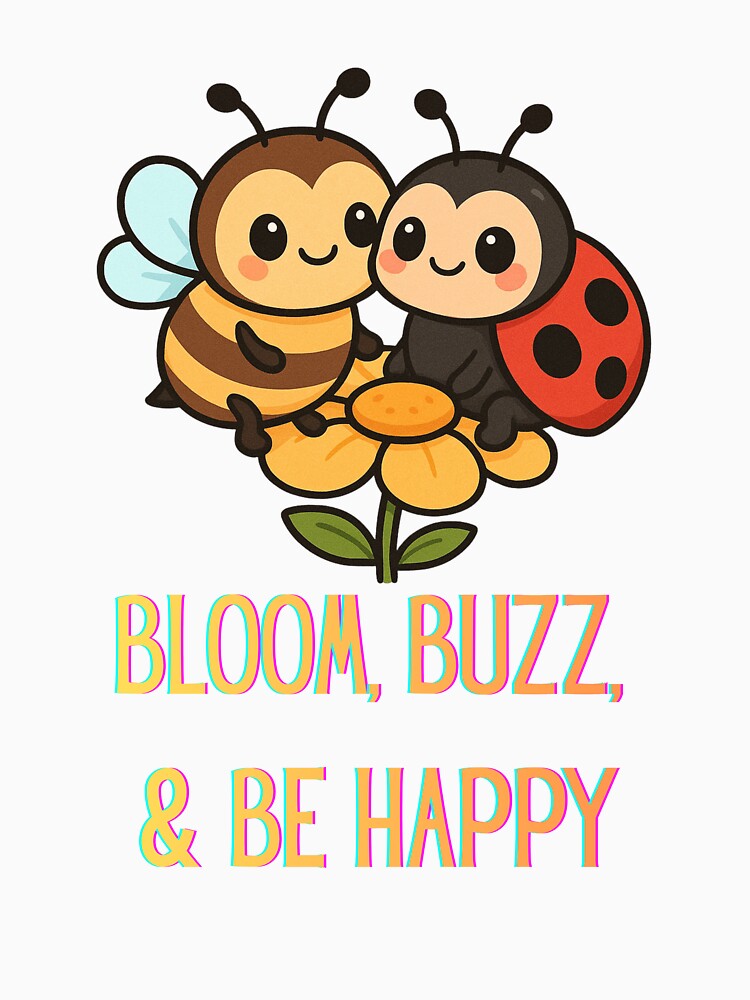 Bloom, Buzz, & Be Happy – Cute Bee and Ladybug Positive Quote Design by Painted Moon by Luna Bee™